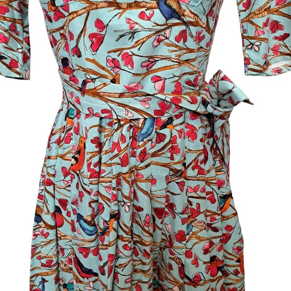 52 Greek Street Green V-Neck Cardinal Bird Print Fit Flare Pleated Dress 40/10 - Picture 6 of 6